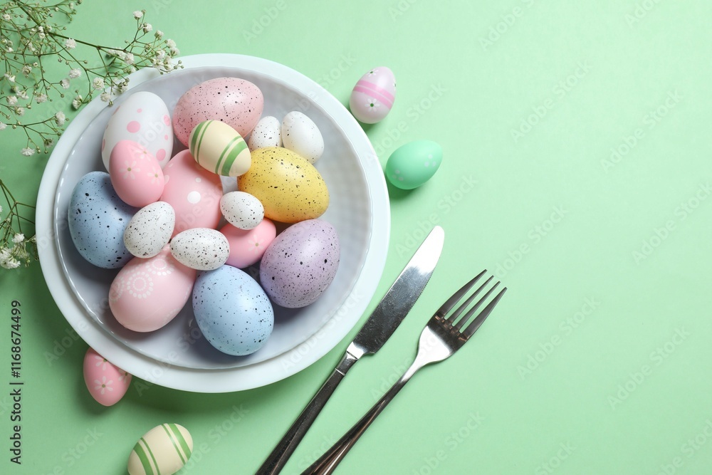 Fototapeta premium Easter decor concept. Top view photo of colorful eggs in a plate on pastel background
