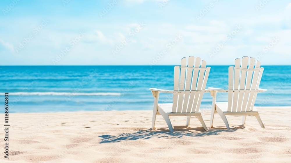 two white chairs sitting on top of a sandy beach two white chairs sitting on top of a sandy beach