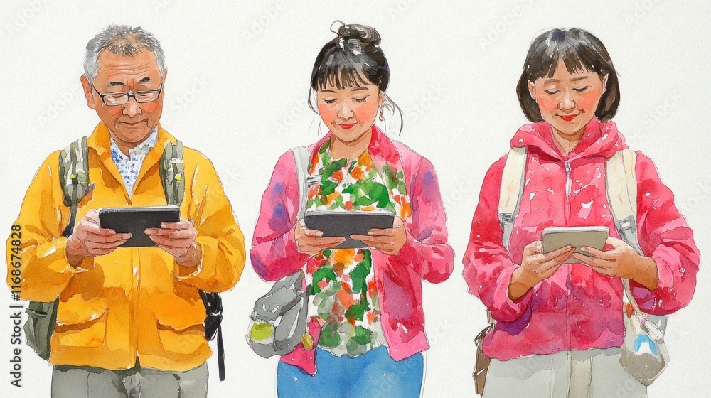 Three people using tablets, watercolor painting. Three people using tablets, watercolor painting.
