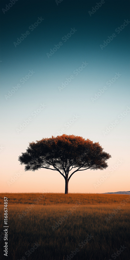 Obraz premium Einzelner Baum auf sanfter Anhöhe vor einem farbenfrohen Himmel