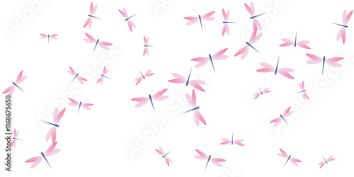 Magic rosy pink dragonfly cartoon vector illustration. Spring cute insects. Detailed dragonfly cartoon dreamy background. Gentle wings damselflies graphic design. Fragile creatures