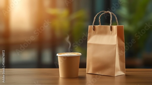 Coffee Shop Mockup with Paper Bag and Latte. Generative AI photo