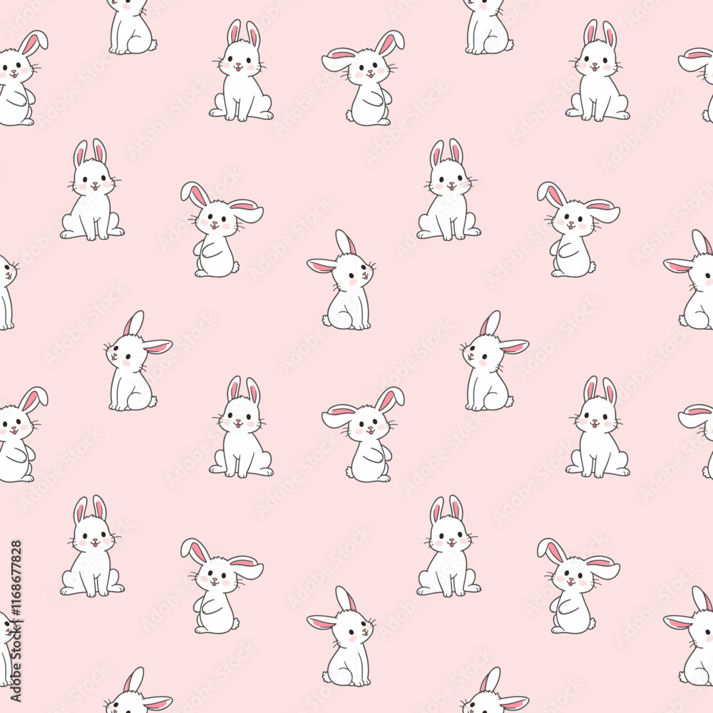 Seamless pattern featuring cute white cartoon bunnies on a pink background, perfect for children's designs, nursery decor, and playful spring or Easter themes Seamless pattern featuring cute white cartoon bunnies on a pink background, perfect for children's designs, nursery decor, and playful spring or Easter themes