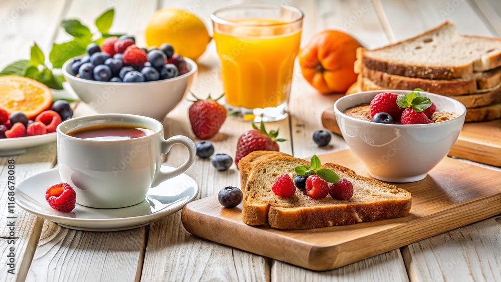 Healthy Breakfast: Coffee, Toast, Fruit & Nuts on Rustic White Wood Healthy Breakfast: Coffee, Toast, Fruit & Nuts on Rustic White Wood