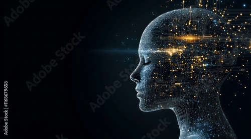 Digital human head with glowing digital circuitry, representing artificial intelligence and machine learning concepts. Abstract background of futuristic technology and data flow for design use.  2