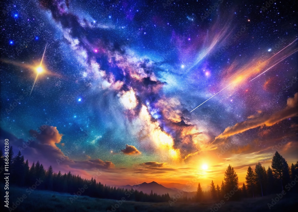 Celestial Dreamscape: Double Exposure of Shooting Star and Night Sky Celestial Dreamscape: Double Exposure of Shooting Star and Night Sky
