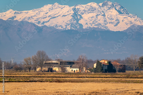 Typical agricultural farm of the Po Valley (northern Italy, between the provinces of Novara, Pavia and Vercelli), in the winter period. This area is famous for its rice production. photo