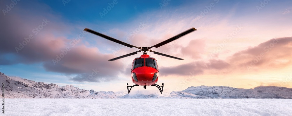 life-saving concept. Red helicopter on a snowy landscape under a colorful sky. life-saving concept. Red helicopter on a snowy landscape under a colorful sky.
