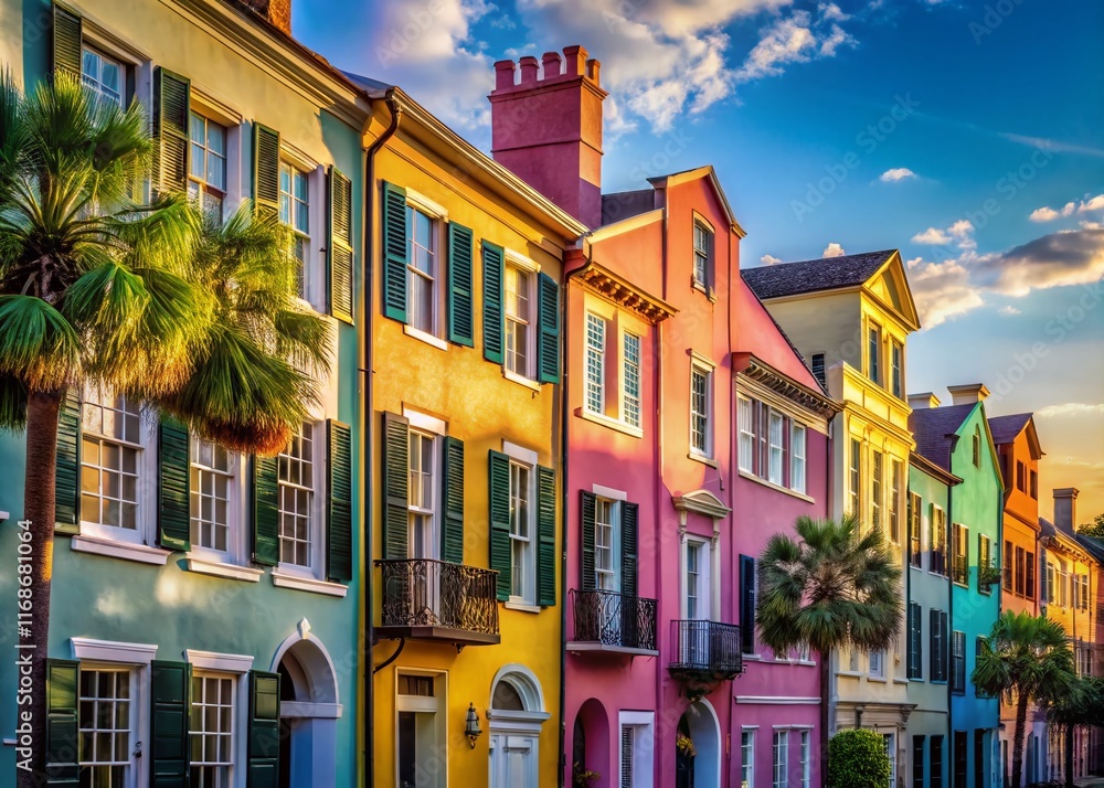 Obraz premium Charleston Rainbow Row Minimalist Photography: Colorful Historic Houses, South Carolina