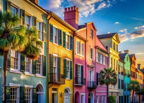Charleston Rainbow Row Minimalist Photography: Colorful Historic Houses, South Carolina