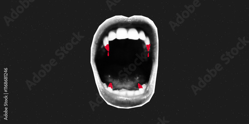 Open mouth with vampire fangs and blood drops. Creepy Halloween, retro collage banner, lips cut out from magazine on dark textured background, sharp teeth, scream.