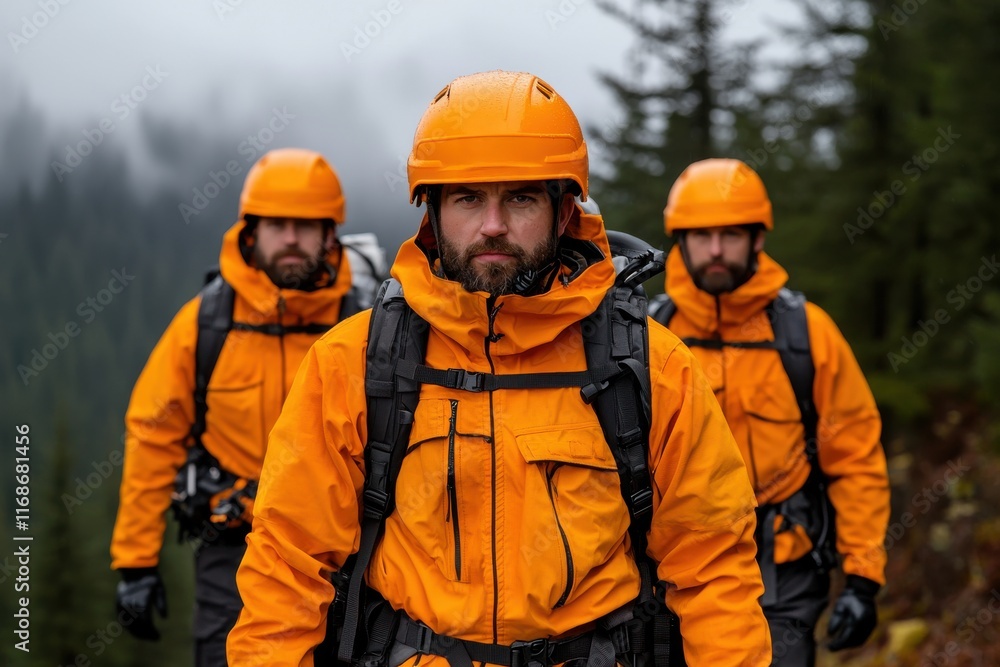 life-saving concept. Three hikers in orange gear trek through a misty forested area.