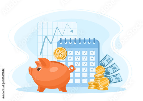 Piggy bank, money, coins and dollars, calendar and chart. Concept of banking, capital accumulation, money savings, investment, finance and banking services. Vector illustration in blue color.