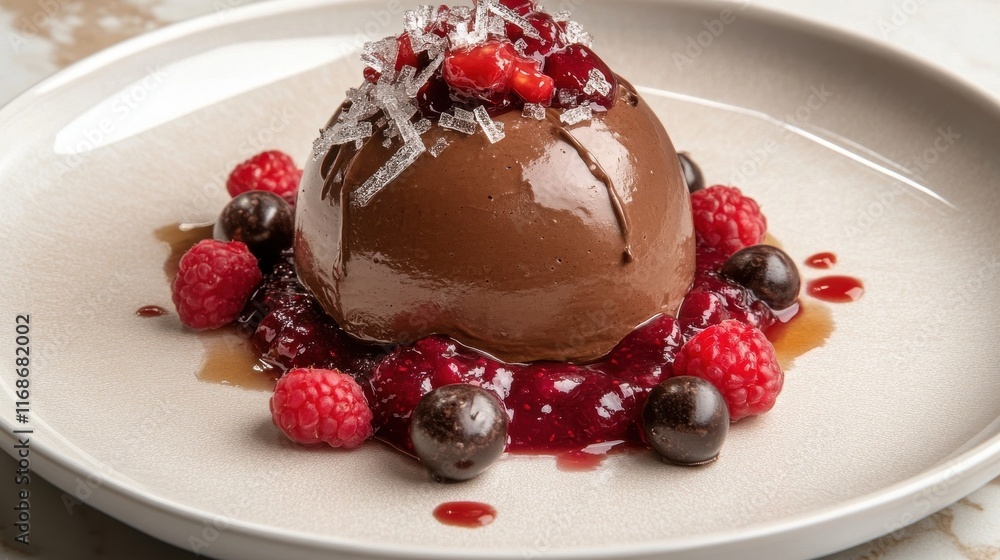 Chocolate mousse dome with fruit coulis and sugar shards Chocolate mousse dome with fruit coulis and sugar shards