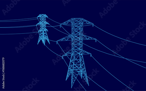 Two power lines with a blue pole in the middle. The power lines are blue, and they are positioned at different heights
