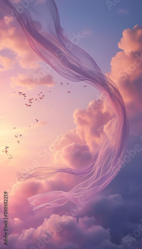 Wallpaper Mural Valentines Day Podium, Empty product display podium, whispering winds of love, strands of sheer fabric floating in the air, soft clouds, warm pinks and purples, dreamy romantic wedding atmosphere, ad Torontodigital.ca