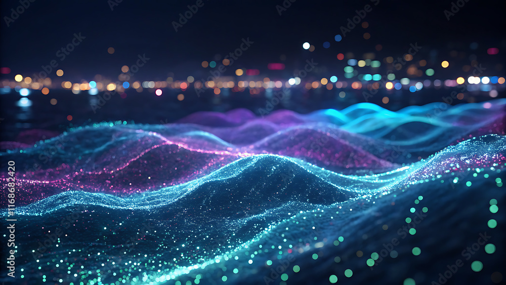 A 3D abstract scene of shimmering particles in vibrant blues and purples, resembling water, set against a dark background with blurred city lights A 3D abstract scene of shimmering particles in vibrant blues and purples, resembling water, set against a dark background with blurred city lights