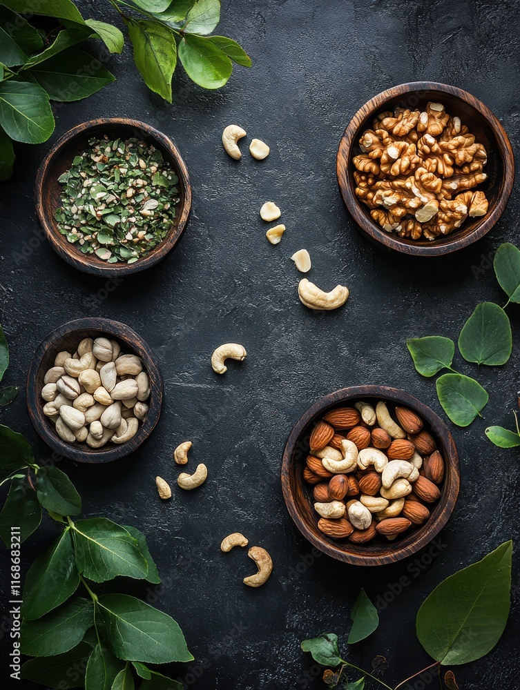 Assortment of Mixed Nuts and Dried Herbs Arranged in Wooden Bowls Surrounded by Fresh Green Leaves on Dark Textured Background Assortment of Mixed Nuts and Dried Herbs Arranged in Wooden Bowls Surrounded by Fresh Green Leaves on Dark Textured Background