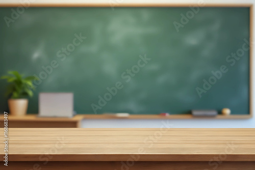 Wooden top with blurred empty classroom background can be used for mocking up or display product to make advertising.