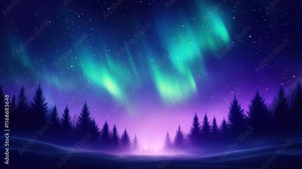 Naklejka premium A stunning night sky illuminated by vibrant auroras, casting colorful reflections over a serene landscape of dark silhouettes and stars.