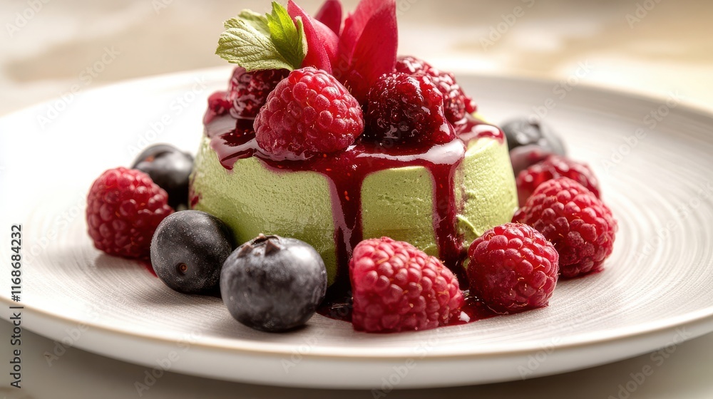 Matcha mousse with fresh berries and raspberry coulis Matcha mousse with fresh berries and raspberry coulis