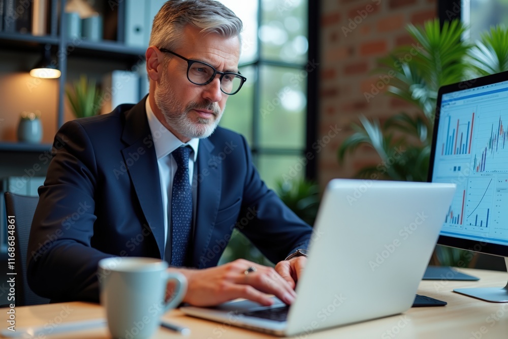 Fototapeta premium Focused Businessman Working on Laptop in Modern Office, Ideal for Business Marketing, Website Design, and Professional Portfolio