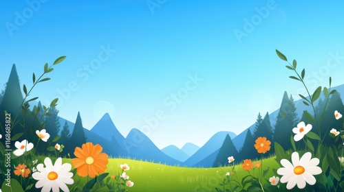 A vibrant landscape featuring mountains and a meadow filled with colorful flowers under a clear blue sky.
