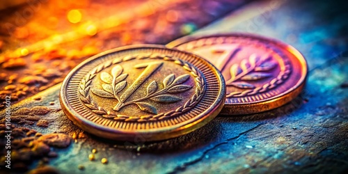 Close-up Candid Shot of Two Pfennig Coin on Worn Surface, Showing Detail and Value photo