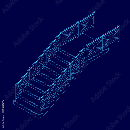 Blue staircase with wooden railings. The stairs are shown in a 3D drawing. Concept of stability and security, as the wooden railings provide support and a sense of safety for those using the stairs