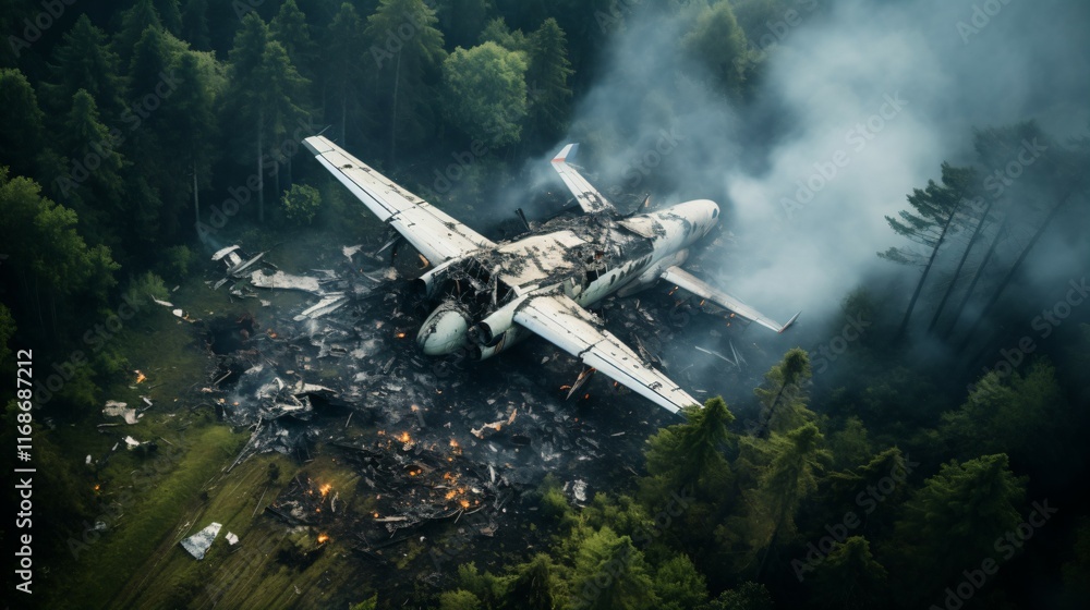 Naklejka premium Aerial view of a crashed plane in a dense forest, surrounded by smoke and debris, with a focus on the wreckage and natural surroundings.