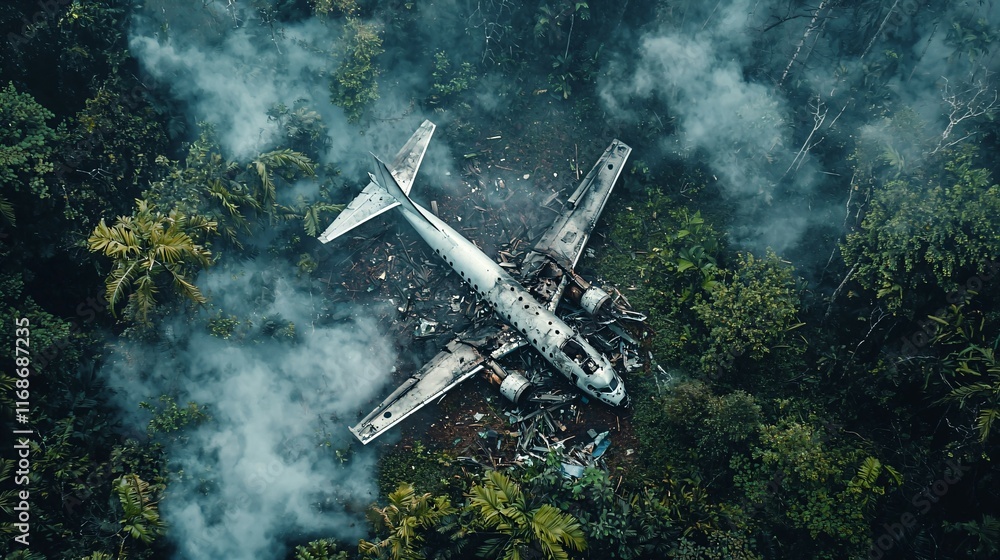 Aerial view of a crashed plane in a dense forest, surrounded by smoke and debris, with a focus on the wreckage and natural surroundings. Aerial view of a crashed plane in a dense forest, surrounded by smoke and debris, with a focus on the wreckage and natural surroundings.