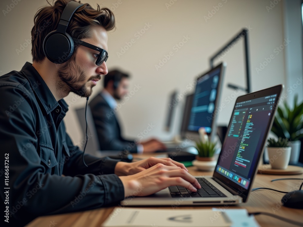 Focused Programmer with Headphones Coding on Laptop in Modern Office Focused Programmer with Headphones Coding on Laptop in Modern Office