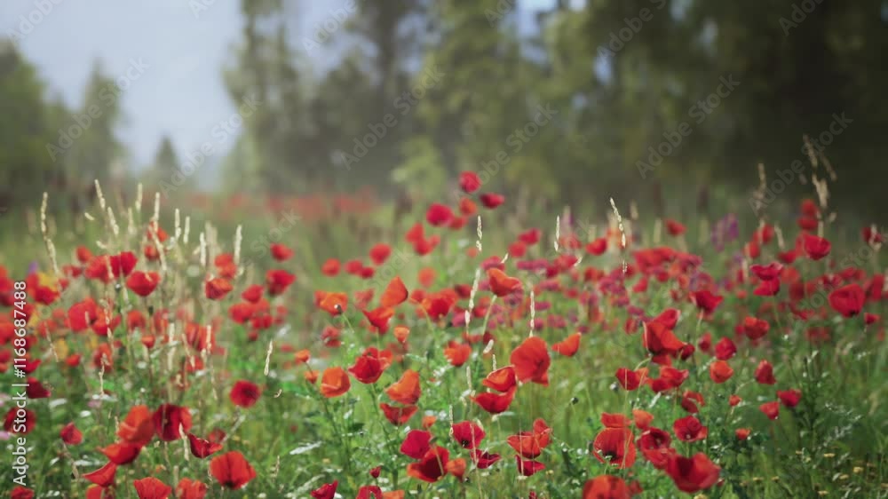 A stunning display of vibrant red poppies fills the field, swaying gently in the breeze under the warm late spring sunlight, surrounded by lush greenery and distant mountains. A stunning display of vibrant red poppies fills the field, swaying gently in the breeze under the warm late spring sunlight, surrounded by lush greenery and distant mountains.