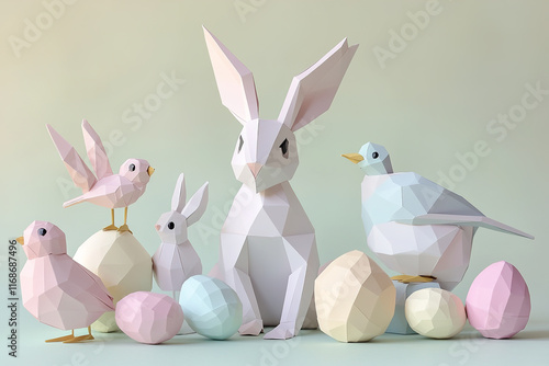 Colorful paper animals and eggs arranged in an artistic display for spring celebrations photo