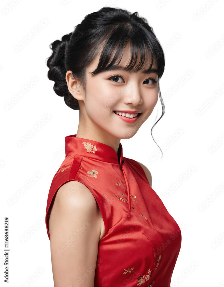 elegant asian woman traditional red cheongsam - hair tied up . chinese new year celebration . PNG . ai elegant asian woman traditional red cheongsam - hair tied up . chinese new year celebration . PNG . ai