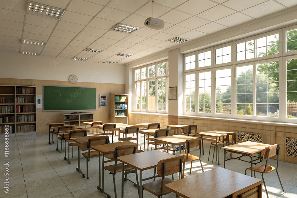 A bright, spacious classroom with natural light, wooden desks, a chalkboard, and bookshelves, creating a calm, focused atmosphere A bright, spacious classroom with natural light, wooden desks, a chalkboard, and bookshelves, creating a calm, focused atmosphere
