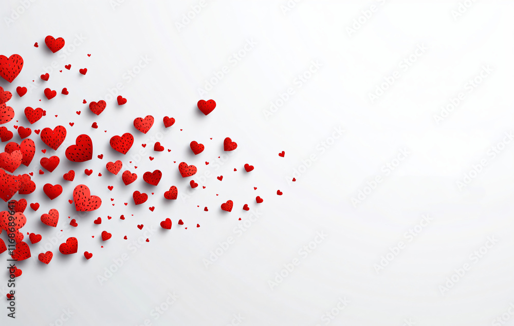 Red hearts scattered on white background Red hearts scattered on white background
