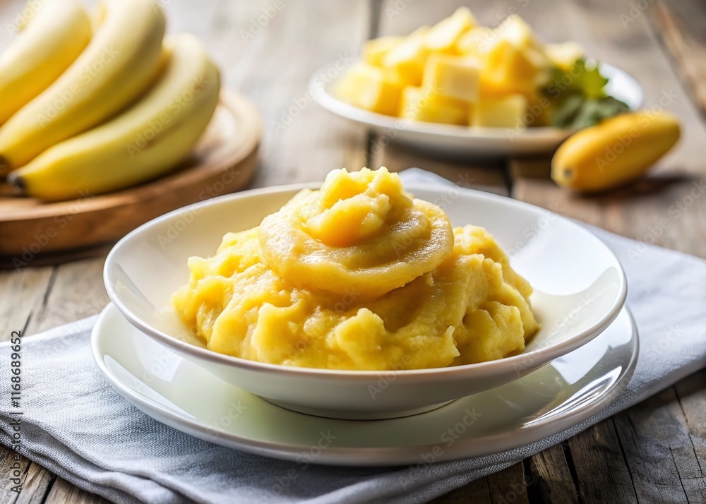 Close-up of Mashed Banana on White Plate, Minimalist Food Photography, Studio Lighting Close-up of Mashed Banana on White Plate, Minimalist Food Photography, Studio Lighting