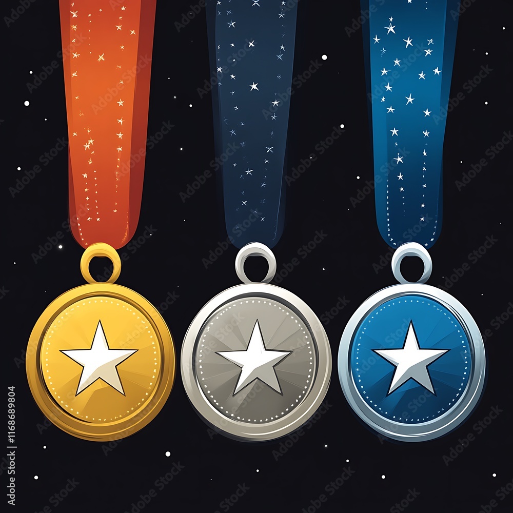Three Star Medals with Ribbons Hanging in Space