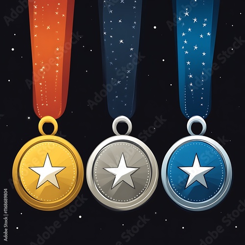 Three Star Medals with Ribbons Hanging in Space