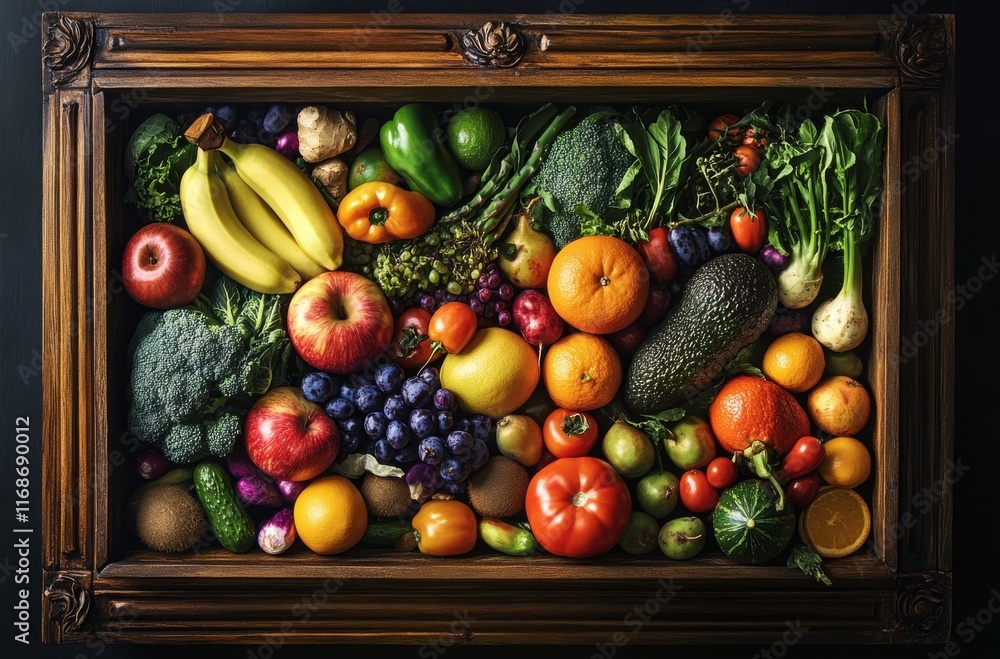 Colorful Arrangement of Fresh Fruits and Vegetables Displayed in a Vintage Frame, Showcasing Nature's Bounty for Culinary Inspiration and Healthy Living