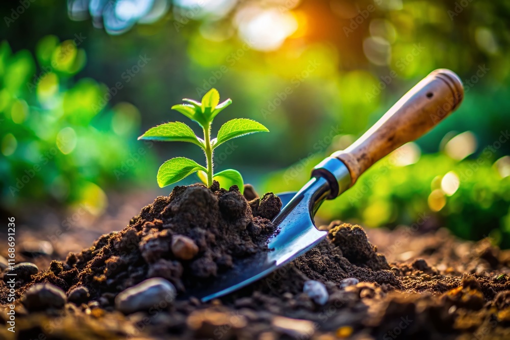 Close-up Shovel Digging Soil, Plants Background - Documentary Photography Stock Photo Close-up Shovel Digging Soil, Plants Background - Documentary Photography Stock Photo