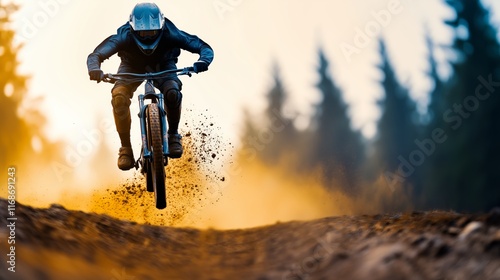 Fearless Mountain Biker in Black Jersey Racing Down Muddy Forest Trail with Intense Focus