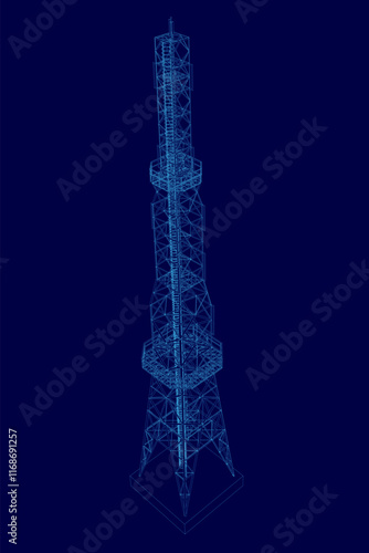 Tall blue tower with a blue background. The tower is very tall and has a very thin and pointy shape