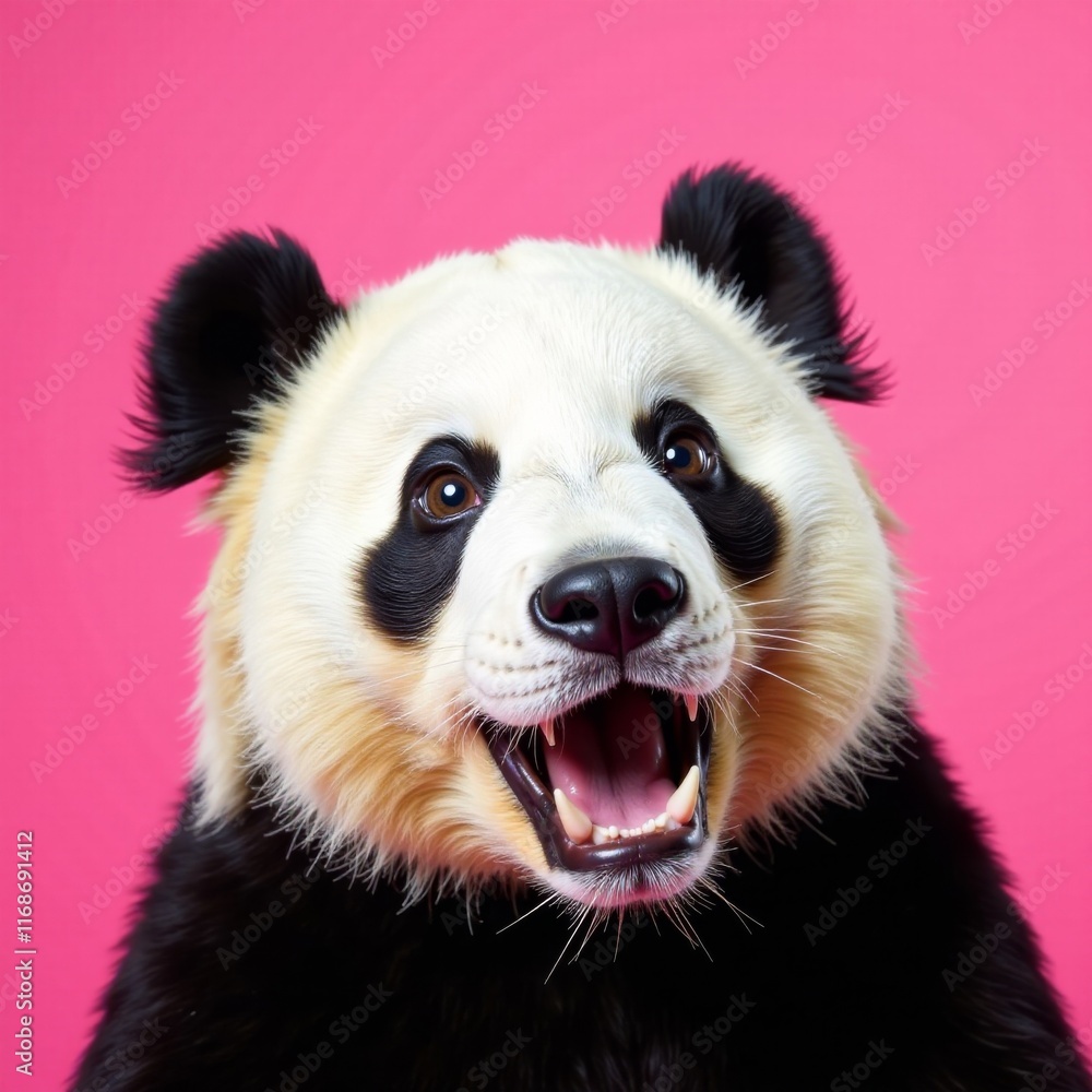 Obraz premium Comical and surprised panda face isolated on a bright pink background, pink, surprised
