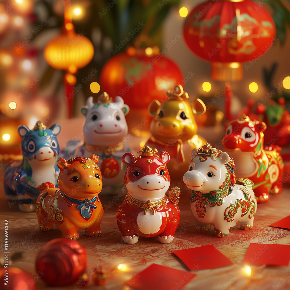 Festive Chinese New Year figurines of animals on display with lanterns. Festive Chinese New Year figurines of animals on display with lanterns.