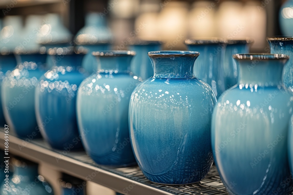 Handmade blue ceramic vases displayed on a shelf in a modern art studio Handmade blue ceramic vases displayed on a shelf in a modern art studio