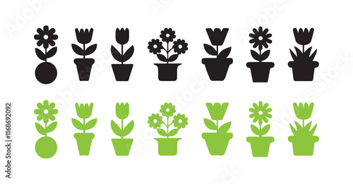 Collection of silhouettes flowers pot icon on white background
