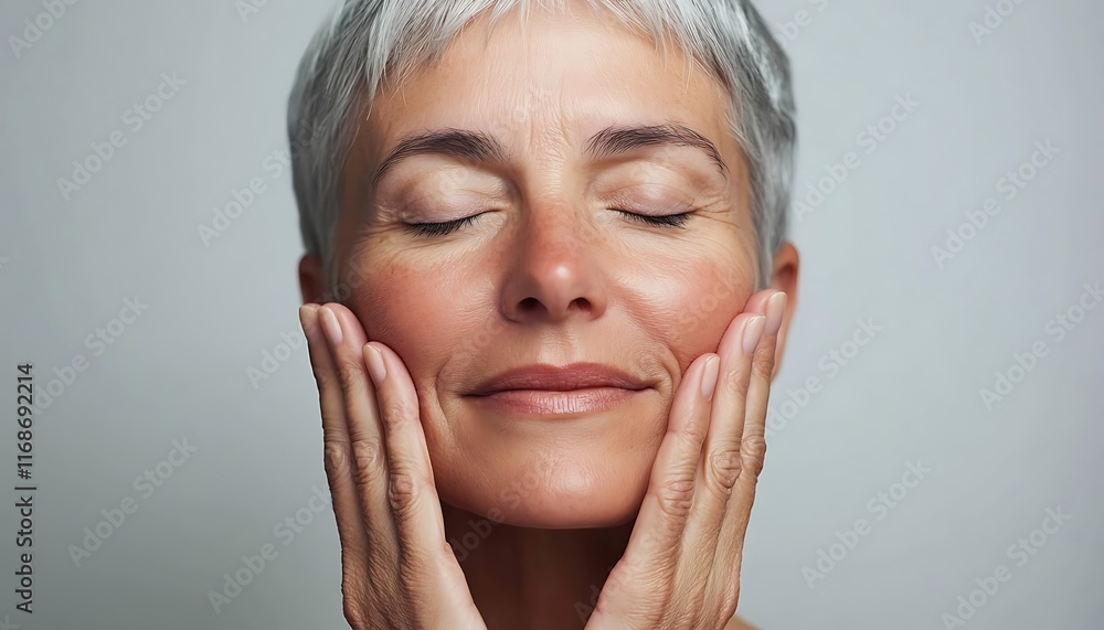 Serene Close-Up Portrait of a Mature Woman Embracing Beauty and Aging Gracefully in Minimalist Studio Photography