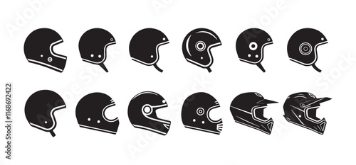 Collection of silhouettes motorcycle helmets icon on white background